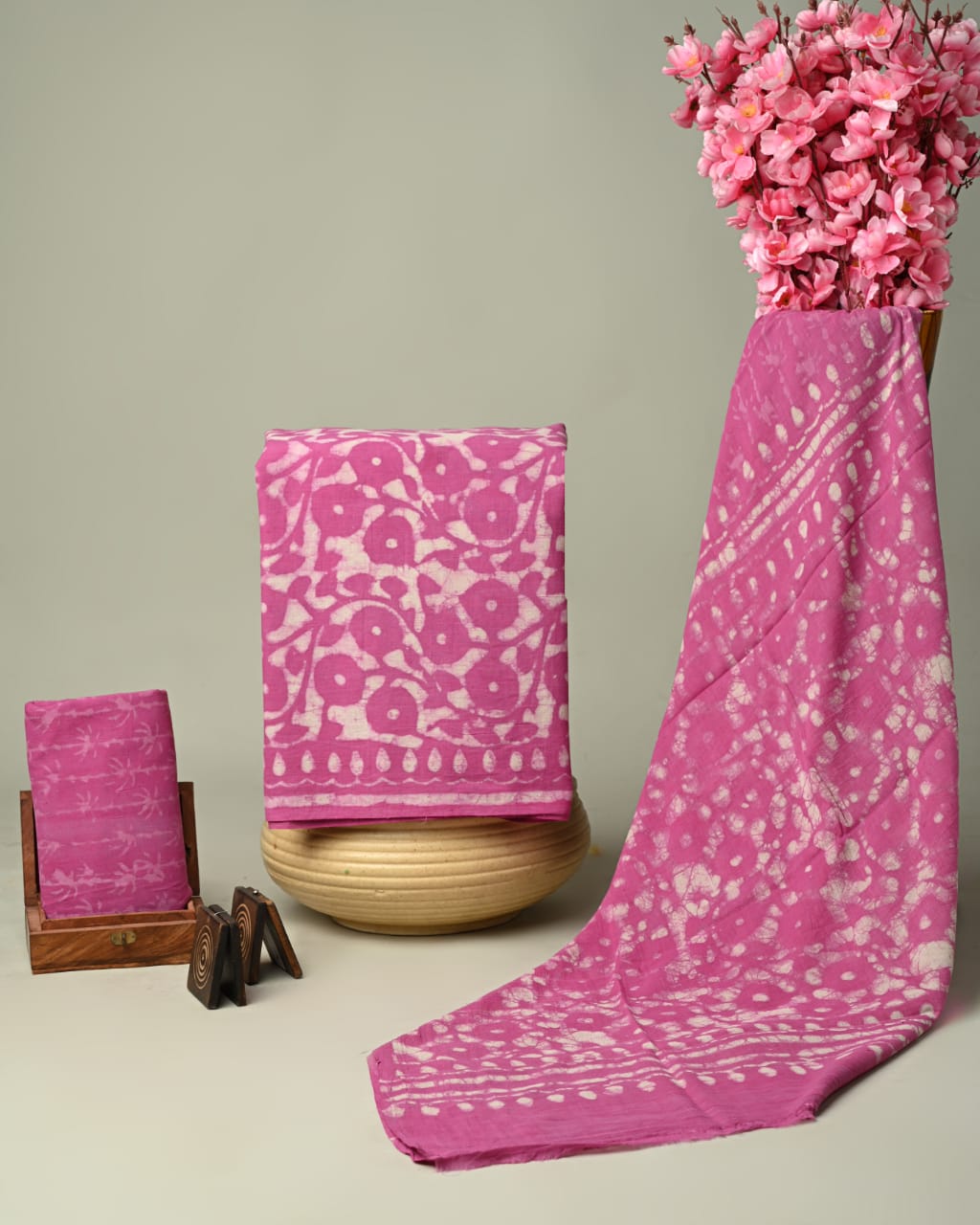 Pastel Pink Handblock Dabu Printed Unstitched Suit Set With Mulmul Duupatta (NEWNVCTML8)