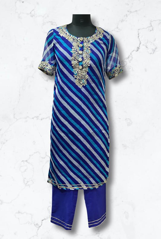 Pure hand embroidered and gota- patti Silk Doriya stitched suit set- Blue (A01DSBLU)