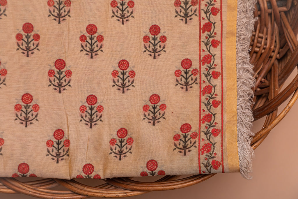 Tan Beige & Red Chanderi Silk Fabric In Gold Imprint - price per meter (225DG1RFCH)