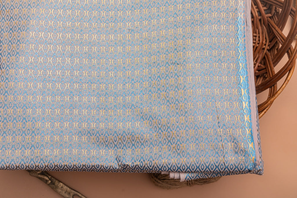 Steel Blue & Powder Grey Cotton Fabric In Gold Imprint - price per meter (211DG1RFCT)