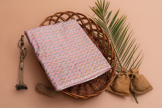 Pink & Cyan Cotton Fabric In Gold Imprint - price per meter  (218DG1RFCT)
