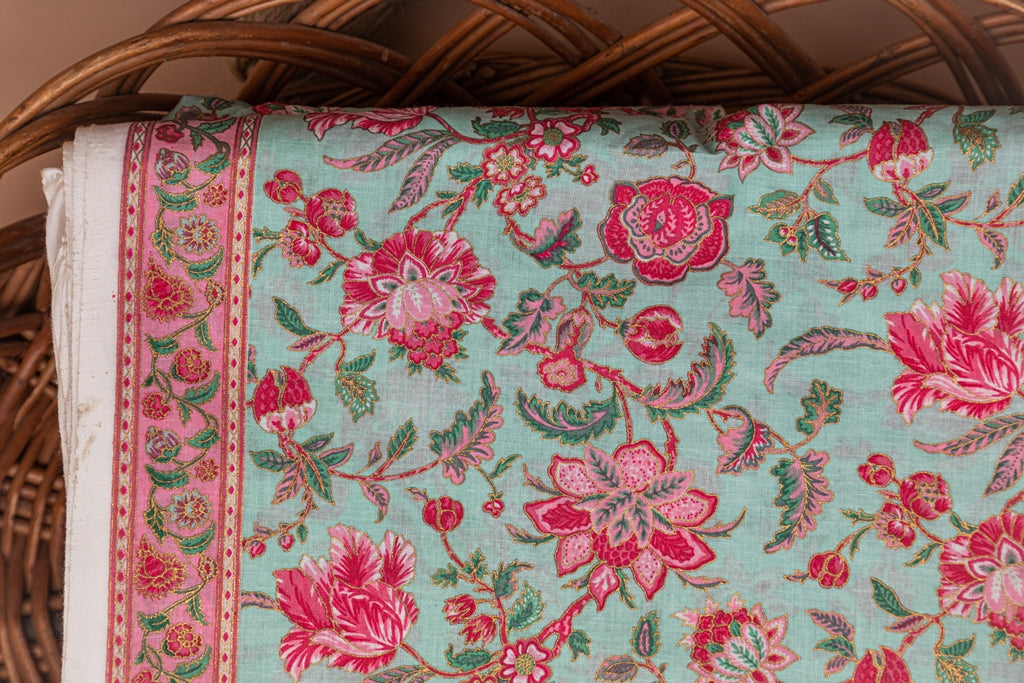 Turquoise & Pink Cotton Fabric In Gold Imprint - price per meter (219DG1RFCT)