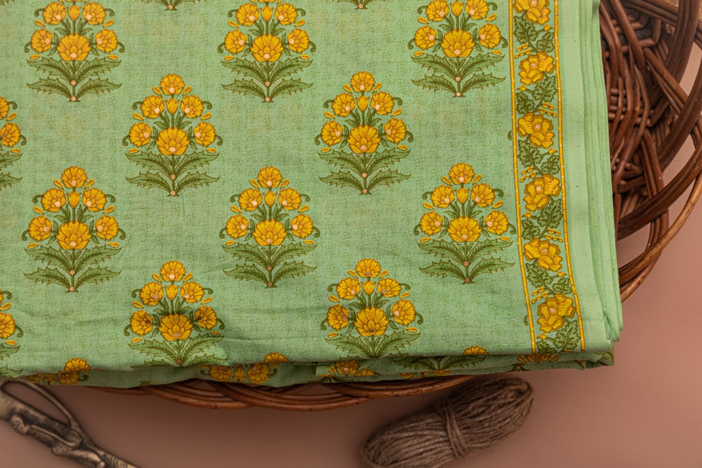 Spring Green & Chrome Yellow Cotton Fabric In Gold Imprint - price per meter (220DG1RFCT)