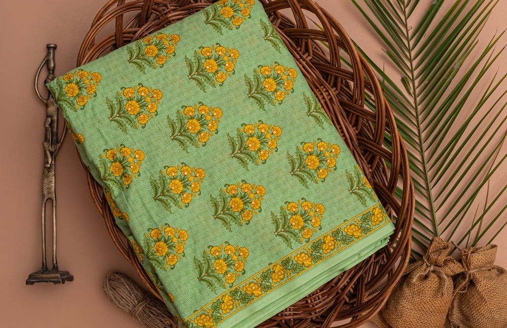 Spring Green & Chrome Yellow Cotton Fabric In Gold Imprint - price per meter (220DG1RFCT)