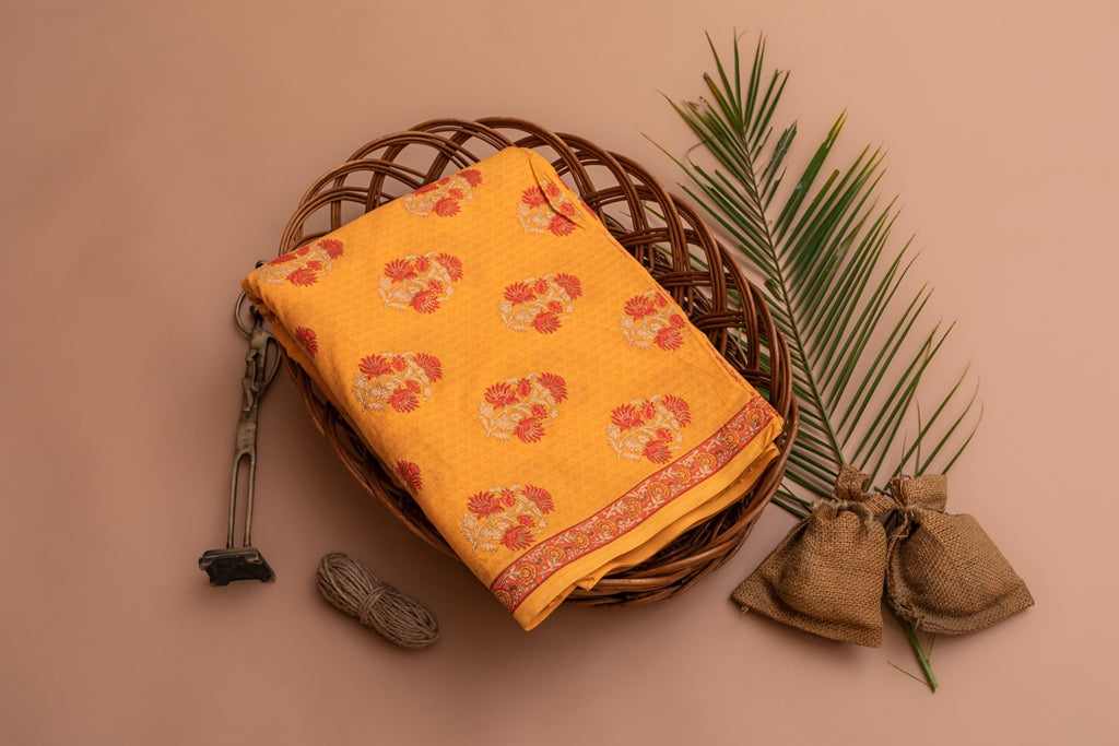 Sunrise Orange & Red Cotton Fabric In Gold Imprint - price per meter (227DG1RFCT)