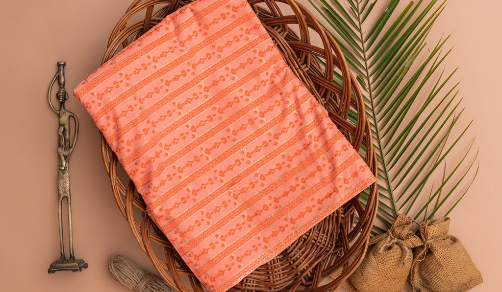 Coral Orange Cotton Fabric In Gold Imprint - price per meter  (229DG1RFCT)