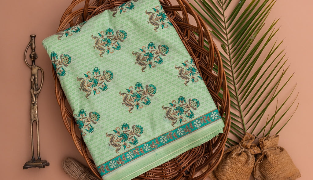 Mint Green Cotton Fabric In Gold Imprint - price per meter  (236DG1RFCT)