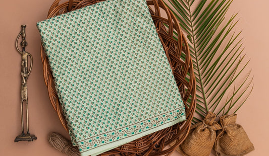 Tea Green Cotton Fabric In Gold Imprint - price per meter (237DG1RFCT)