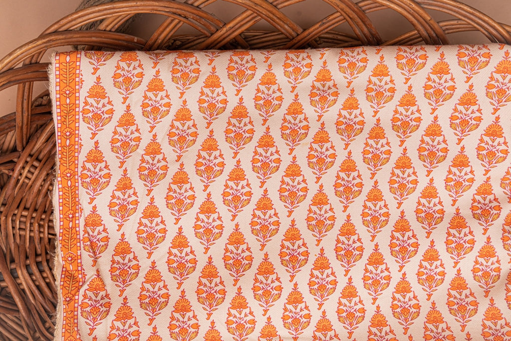 Ivory Cream & Orange Screen Printed Rayon Slub Fabric - price per meter (228DG1RFRY)