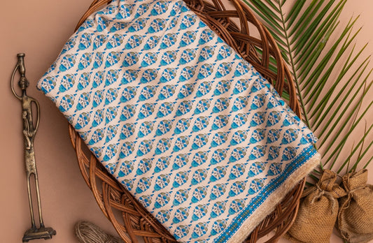Cream & Blue Screen Printed Rayon Slub Fabric - price per meter  (233DG1RFRY)
