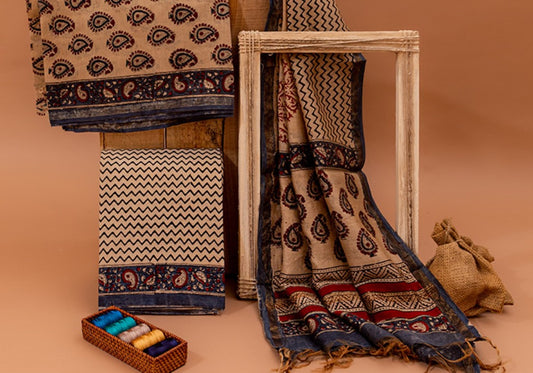 Sand Beige and Blue Handblock Bagru Printed Chanderi Silk Unstitched Suit Set (101NV3CHCH)