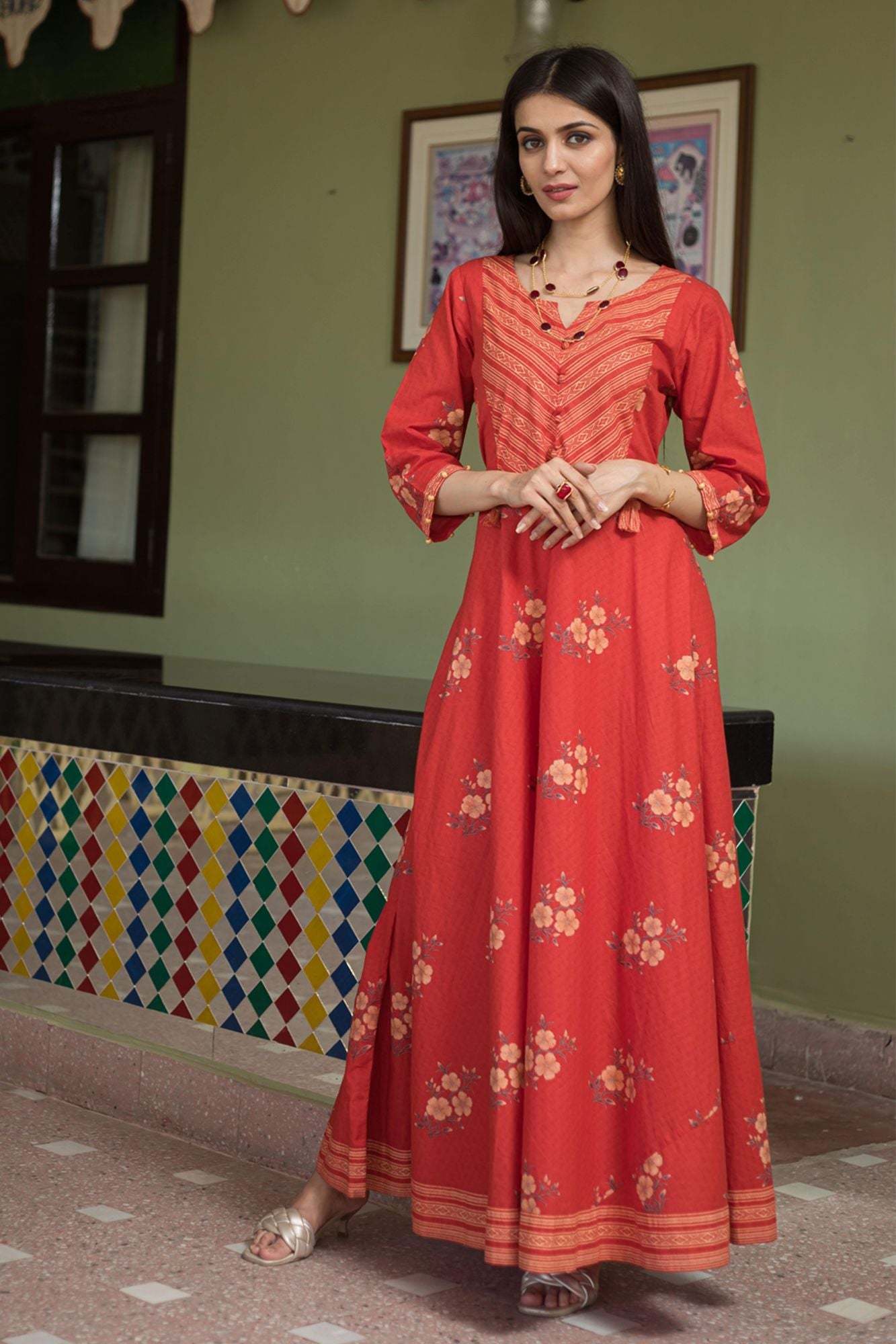 Cherry Red and Gardenia Cream Premium Cotton Anarkali Dress (A111K1RED)